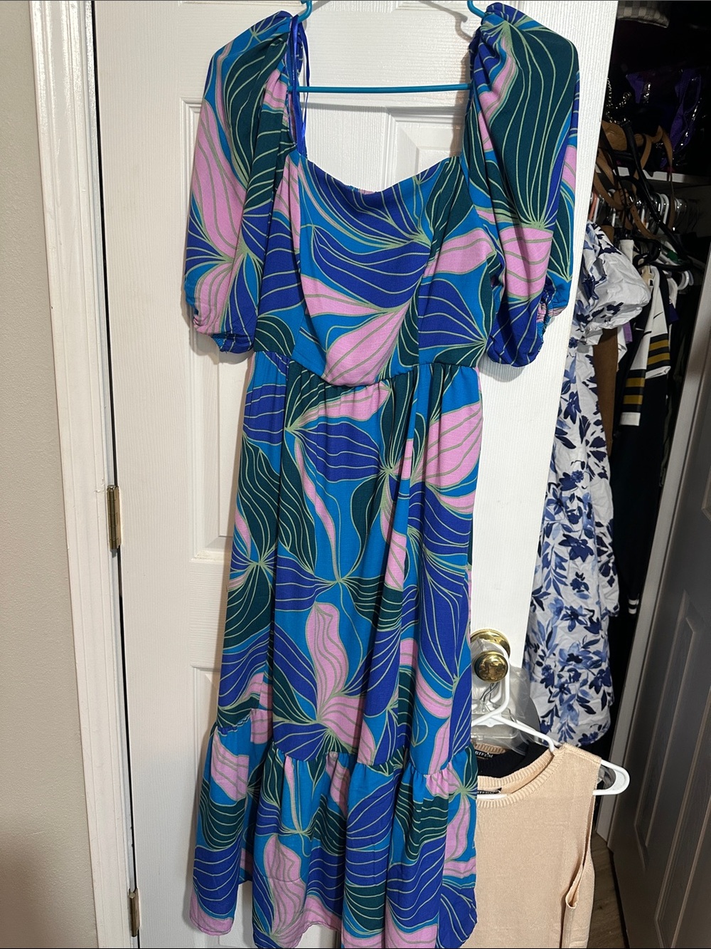Summery Blue & Pink Floral Maxi Dress with Puff Sleeves